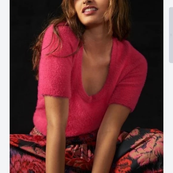Anthropologie Maeve Rona Eyelash Sweater Tee in Hot Pink Size L - Picture 2 of 6